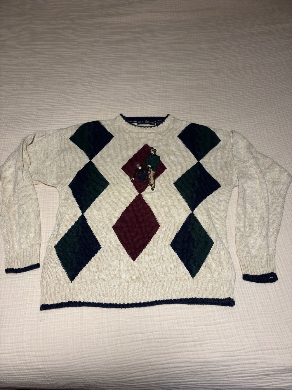 Men's Cream Argyle Sweater with Burgundy and Navy Diamond Pattern